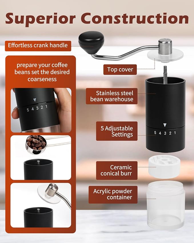 Manual Coffee Grinder With Ceramics Burr For Espresso,French Press,5 Adjustable Settings,Hand Maker with Built-In Burr,For Home Use and Camping Travel,Coffee Bean Grinders With Hand Crank (Black)