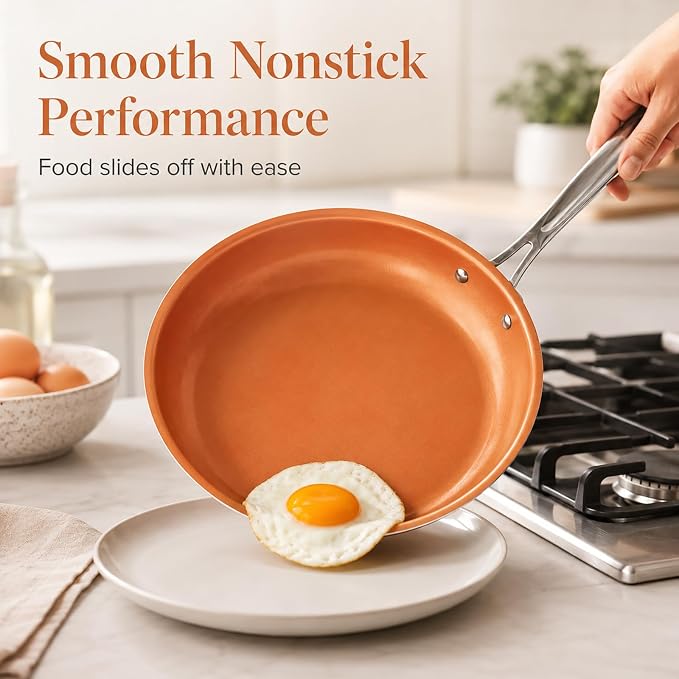 Toutrop Nonstick Copper Frying Pan, Chef Skillet with Ceramic Coating, Oven Dishwasher Safe, Induction Skillet for All Stoves, PFOA Free,Brass,8 inch