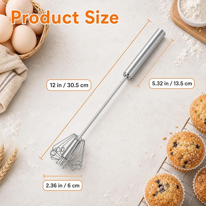Qukaka Hand mixer egg beater,stainless steel semi automatic whisk,egg spinner,wisking tool,whipped cream dispenser,easy whisks for cooking,Beating&Stirring(12in)