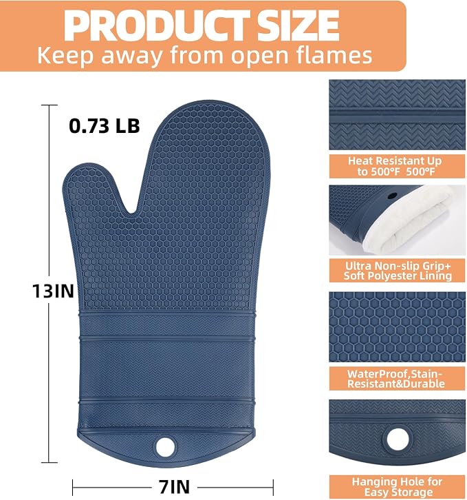YUTAT Silicone Oven Mitts,Heat Resistant Oven Gloves with Soft Polyester Filling,Perfect for BBQ, Baking and Cooking,Blue,2 Pcs Set