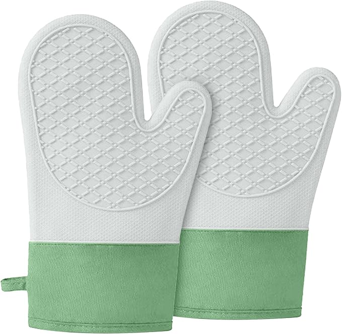 Silicone Oven Mitts，Heat Resistant up to 500°F, Oven Gloves with Soft Lining, Non-Slip Kitchen Essentials, Kitchen Gadgets, Apartment Essentials, Great Gift for Cooking (Grey&green-1pair)