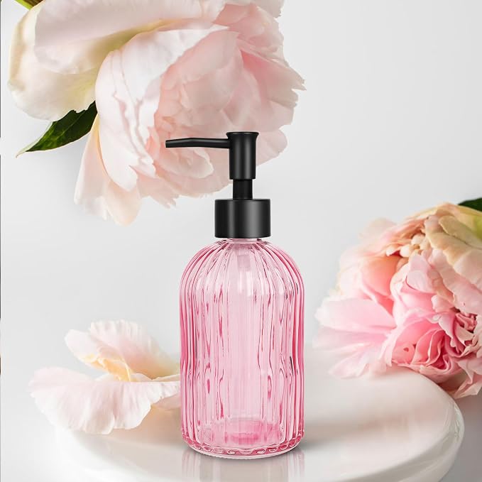 Topsky Stripe Glass Soap Dispenser with Black Plastic Pump, 400ml Liquid Hand Soap Dispenser, Rustproof Pump for Kitchen & Bathroom, Great for Lotions, Essential Oil, Liquid Soaps-Pink