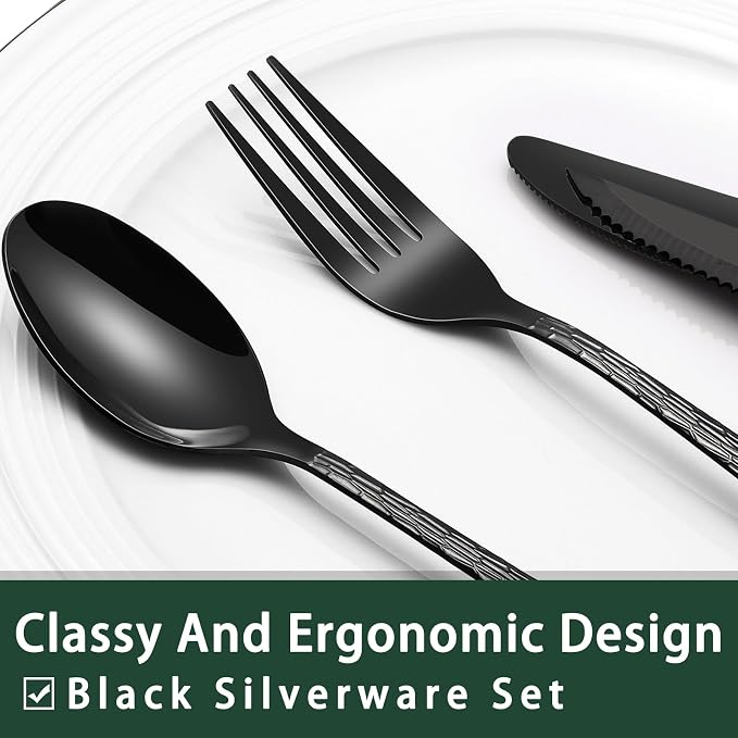EWFEN 24-Piece Black Silverware Set with Steak Knives, Black Flatware Set for 4, Food-Grade Stainless Steel Tableware Cutlery Set, Mirror Finished Utensil Sets for Home Restaurant, Tree Pattern