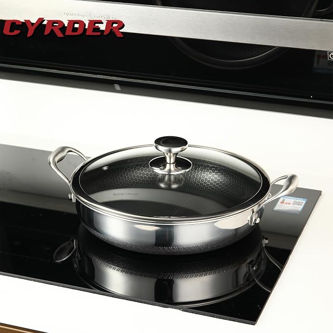 Large Stainless Steel Hybrid Nonstick Deep Frying Pan, 13inch 7.2QT | 316L Stainless Steel, Two Handle Hold Sauté Pan with Lid, PFOA Free, Premium Cookware for Stir fry/Toast/Roast/Bake/Stew
