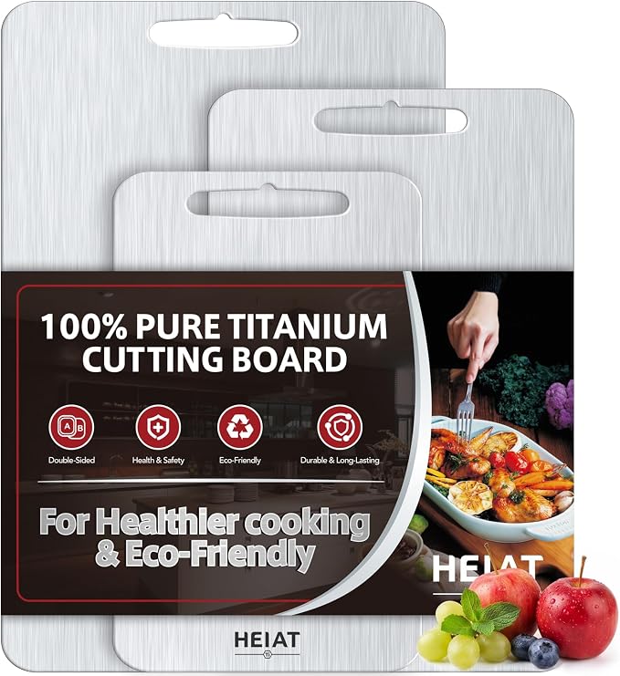 100% Pure Titanium Cutting Board Set of 3, Titanium Cutting Boards for Kitchen,Double-Sided Chopping Boards for Raw & Cooked Food, Non-Toxic, Handles Included, Dishwasher Safe(M+L+XL)