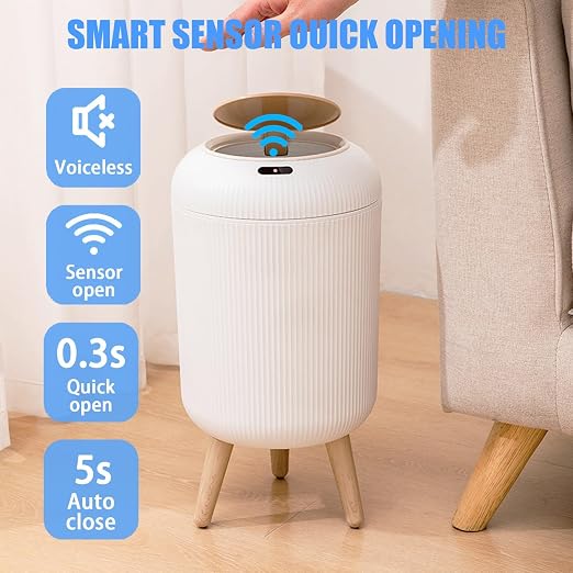 URALFA Automatic Bathroom Trash Can with Lid, 3 Gal Motion Sensor Trah Can | Touchless Sensor Garbage Can, Auto Trash Bin with Removable Legs, Smart Waste Basket for Bedroom, Office, Restroom, White