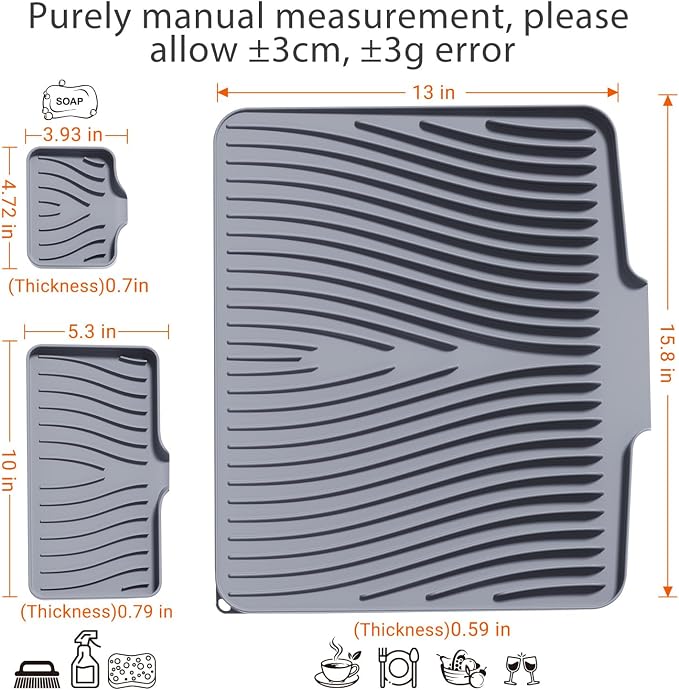 Silicone Dish Drying Mat for Kitchen counter | 15.8"x13" Dish Drainer Mat,Heat-Resistant Kitchen Counter Mat & Over-Sink Drying Tray, Can Be Hung,Grey-1Set
