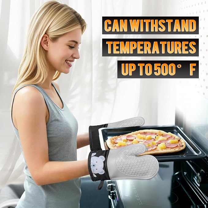 Silicone Oven Mitts Heat Resistant 500F, 2PCS Cute Bear Pattern Kitchen Oven Gloves with Cotton Lining, BPA-Free Baking Gloves - Flexible Non-Slip Grip Kitchen Mitts for Cooking Baking BBQ