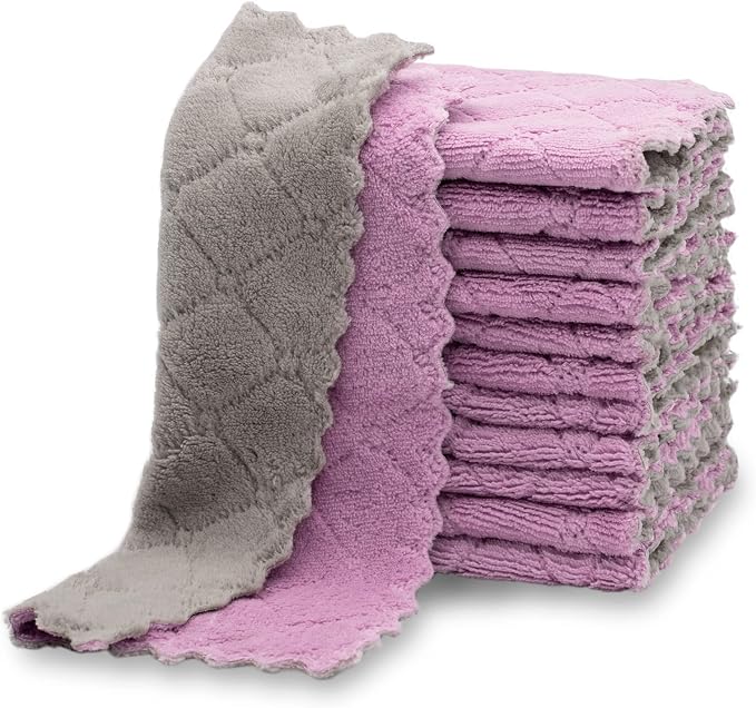 kimteny 12 Pack Dish Cloths for Washing Dishes | Super Absorbent Microfiber Kitchen Dish Rags, Fast Drying Coral Velvet Dish Cloths for Kitchen Counter and Dishes,Purple-Grey