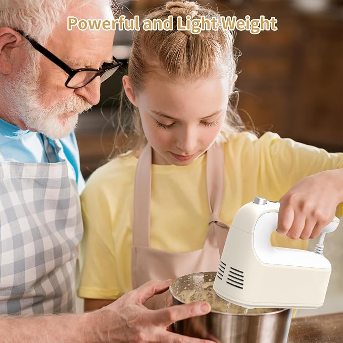 Yomelo 9-Speed Digital Hand Mixer Electric, 400W Powerful DC Motor, Hand Mixer Electric Handheld with Snap-On Storage Case, 5 Stainless Steel Accessories, Beaters, Dough Hooks, Whisk(Cream White)