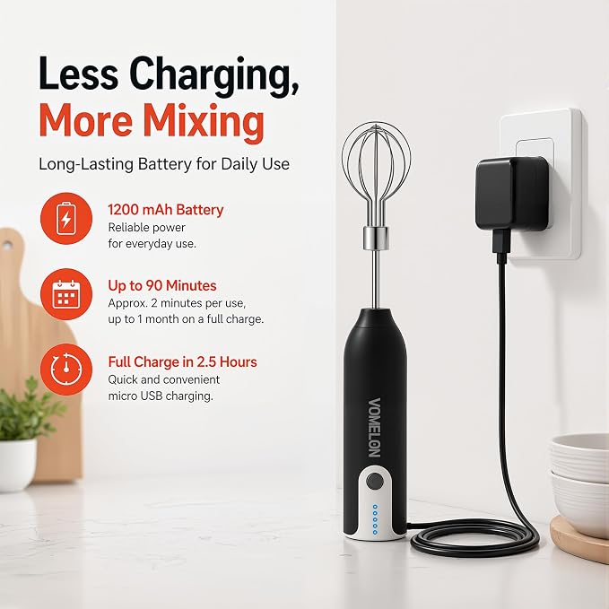 Electric Hand Mixer Whisk | Wireless Rechargeable Handheld Egg Beater with 2 Stainless Steel Mixing Heads | Portable Kitchen Hand Mixer for Egg, Milkshake Cream, Cake, Baking & Cooking-Black