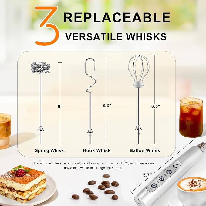 YUSWKO Handheld Milk Frother Wand for Coffee, Rechargeable Electric Whisk with 3 Heads 3 Speeds Drink Mixer Coffee Frother For Latte, Cappuccino, Hot Chocolate, Egg, Silver