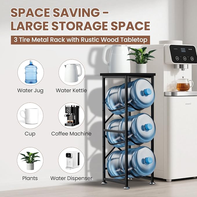 5 Gallon Water Jug Holder, 3-Tier Water Bottle Holder with Wood Top Shelf, Heavy Duty Water Cooler Jug Rack, Storage Stand for Office and Living Room, Black
