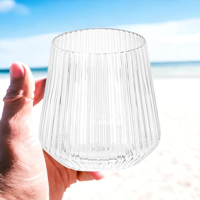 48 Pack Disposable Wine Glasses, 24 Stemless 9oz Champagne Flutes & 24 12oz Cocktail Cups - Ribbed Reusable BPA-Free Shatterproof Unbreakable Recyclable Plastic for Wedding Birthday Party Bar (Clear)