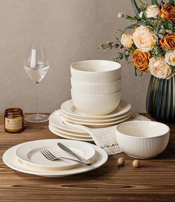 Ceramic Dinnerware Set for 4, 12-Piece Plates and Bowls Set | Lightweight Porcelain Dish Set, Scratch Resistant, Oven & Microwave & Dishwasher Safe, Ivory
