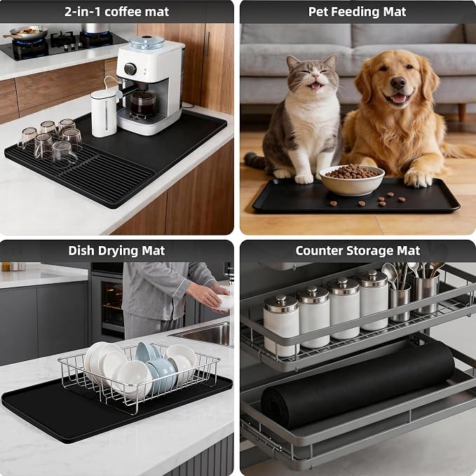 Silicone Coffee Mat, 24''x16'' Coffee Bar Mat with Detachable Dish Drying Mat, Bar Mats for Countertop, Kitchen Espresso Machine Mat, Non-Slip Coffee Maker Pad, Heat Resistant Countertop Protector