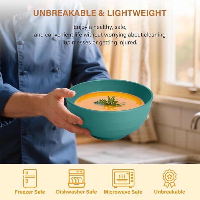 Large Bowls for Eating: Set of 8 Unbreakable 60oz Wheat Straw Bowls, Non-Plastic & Microwave Safe for Everyday Salad, Soup & Oatmeal (Green)