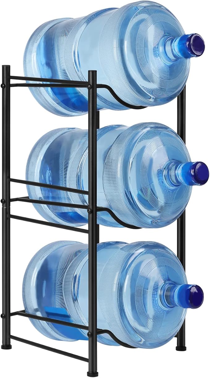 smusei 5 Gallon Water Bottle Jug Holder 3 Tier Heavy Duty Cooler Jug Storage Rack Detachable Bottle Organizer Shelf for Home Kitchen Office Space Save, Black