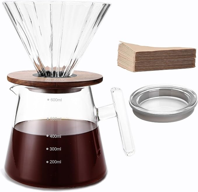 Lalord Pour Over Coffee Maker, 20 oz Borosilicate Glass Set with 100 pcs Paper Filter, Walnut Collar & Glass Lid, Drip Coffee Maker, 1-3 Cups, Clear, 600 ml, Petal Shape