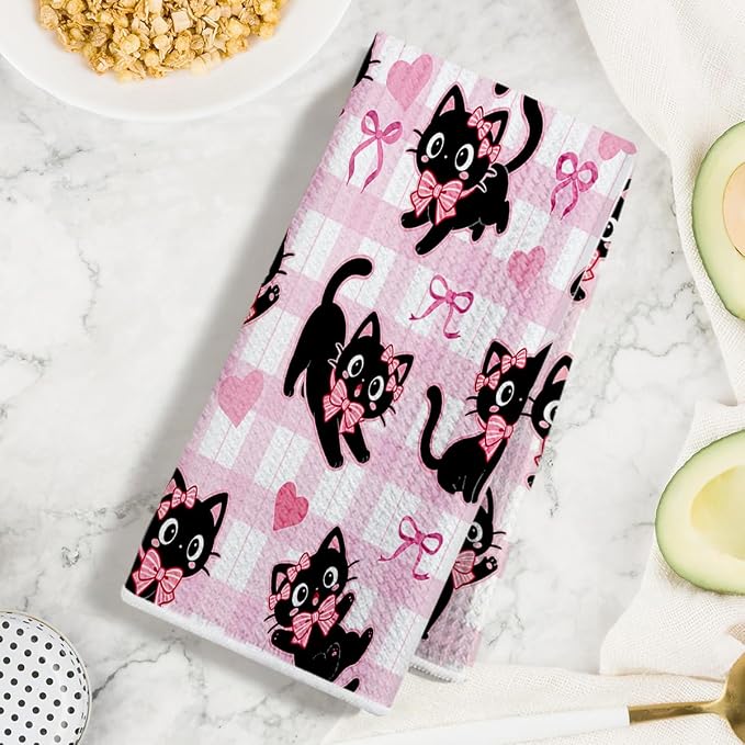 2 Pcs Pink Bow Cat Kitchen Towels 24x14 Inch, Cats Gifts Reuse Hand Towel | Cats Absorbent Waffle Dish Towels for Drying Dishes Kitchen Home Decor, Cat Lover Gifts for Women Mom