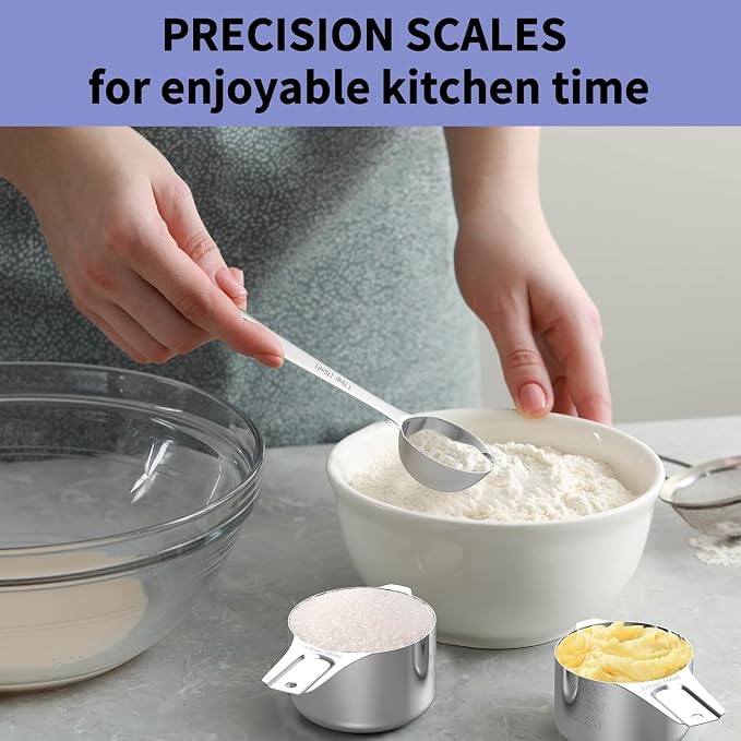 Stainless Steel Measuring Cups and Spoons Set, 6 Stainless Steel Measuring Cups, 7 Measuring Spoons & 1 Leveler, 3 Plastic Measuring Cup with 1 Measuring Conversion Chart