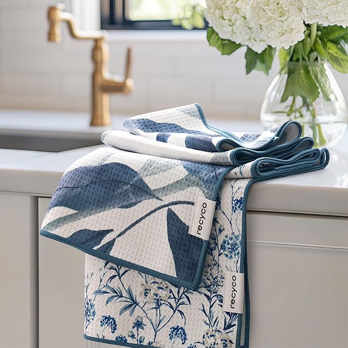 RECYCO Waffle Kitchen Towel Set of 2 - Quick Dry Microfiber Sustainable Dish Towels - Ultra Absorbent Reusable Cleaning Tea Towels - Lightweight Hand Towels,16”x 28”, Stormy Blue