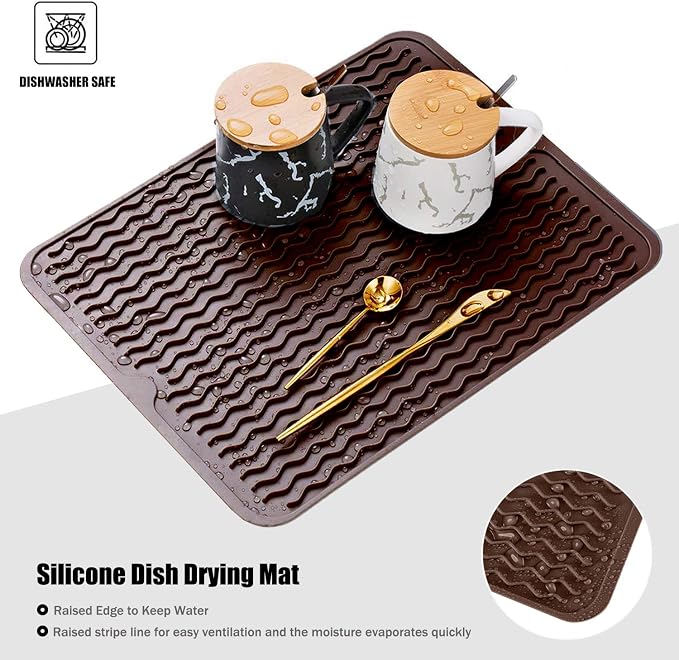 Silicone Dish Drying Mat, Non-Slip Easy Clean Sink Mat, Coffee, 14" x 11" | Quick-Dry Ridges, Large Heat-resistant Dish Drainer Mat for Kitchen Counter, Hangable & Roll-Up for Storage, Dishwasher Safe