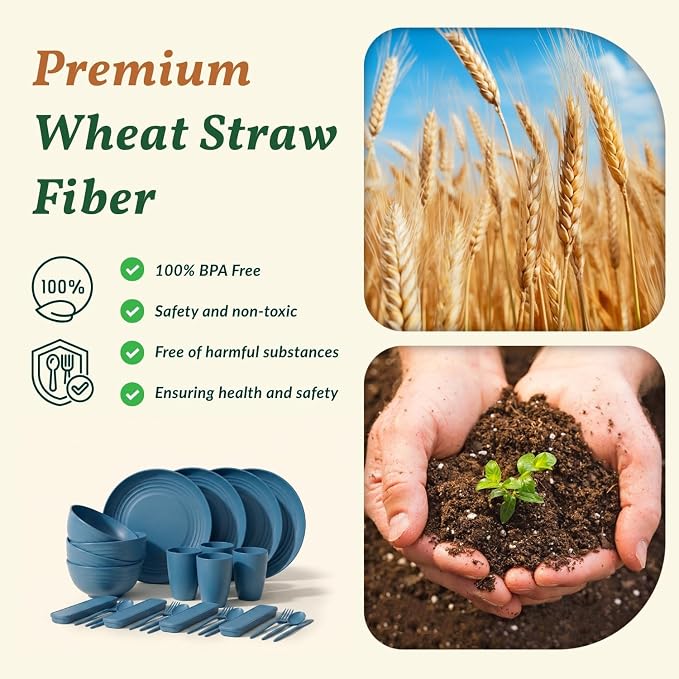 Unbreakable Wheat Straw Dinnerware Sets 28 PCS Kids Plates and Bowls Sets for Kitchen, RV, Party, Travel, Dorm, Camping Dish Set for 4 Lightweight Microwave & Dishwasher Safe(Deep Blue)