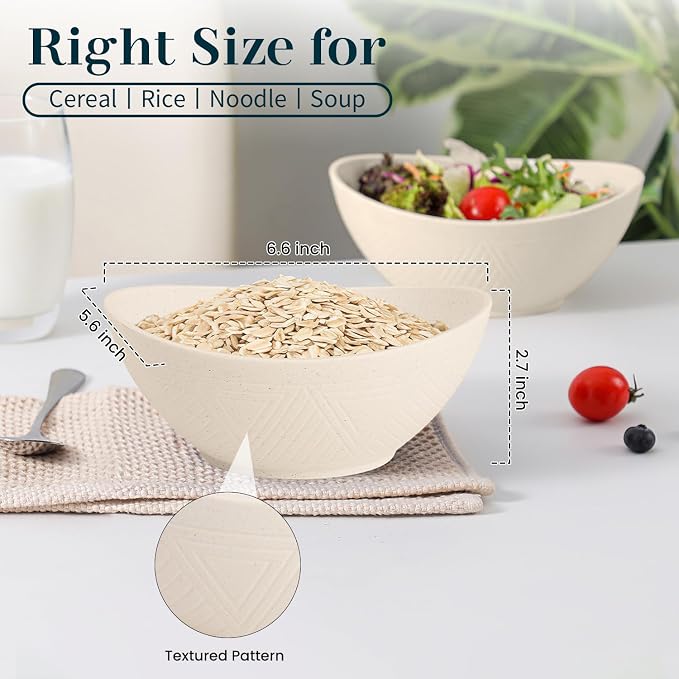 Wheat Straw Bowls Set of 4, Unbreakable Cereal Bowl 26 OZ, Microwave & Dishwasher Safe Kitchen Bowl for Ramen, Salad, Oatmeal, Rice, Plastic Bowls Reusable for Camping - Beige