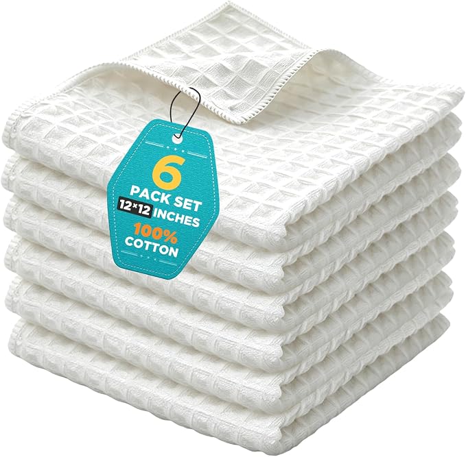 Kitchen Towels 6-Pack Cotton Waffle Weave Dish Cloths 12 x 12 Cleaning Rags