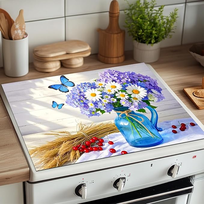HOMETITUTE Blue Vase Flower Stove Top Cover 28x20 Heat Resistant Mat
