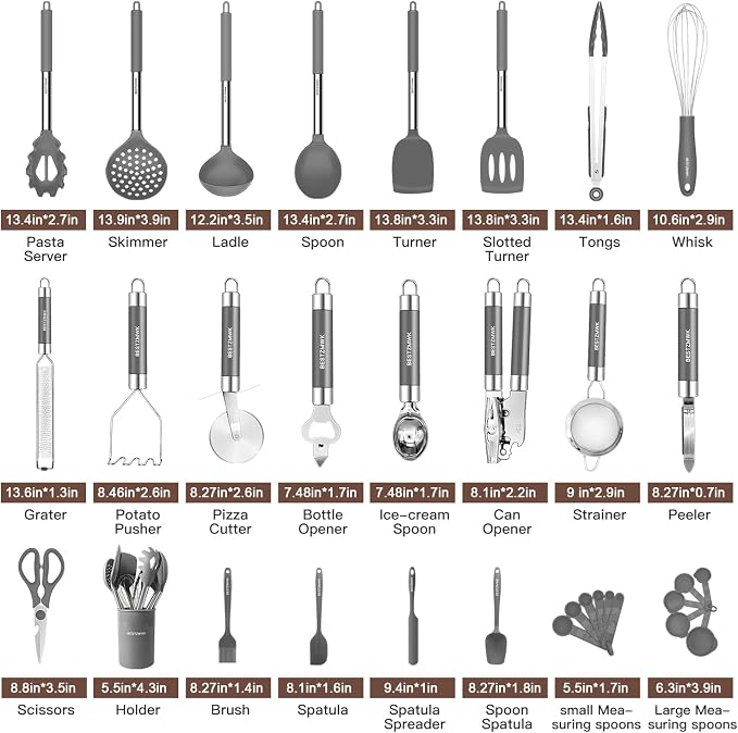 Kitchen Utensils Set-Silicone Cooking Utensils-32pcs Non-Stick Silicone Cooking Kitchen Utensils Spatula Set with Holder-Best Kitchen Cookware with Stainless Steel Handle (Grey)