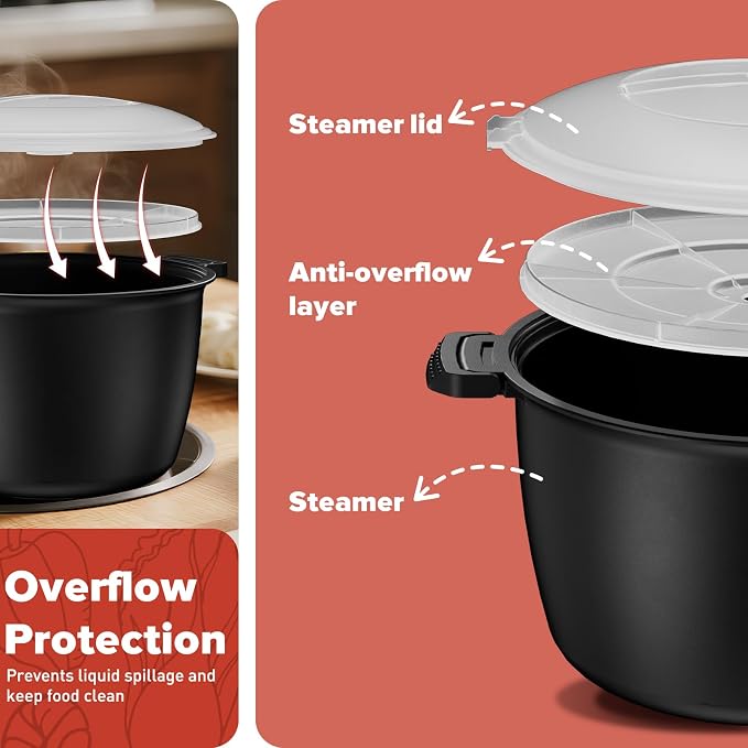 Large Microwave Cookware Steamer 3 Quart Rice Cooker for Cooking | Microwave Cooker with Food Container, Removable Filter and Lockab - BPA Free, Dishwasher Safe
