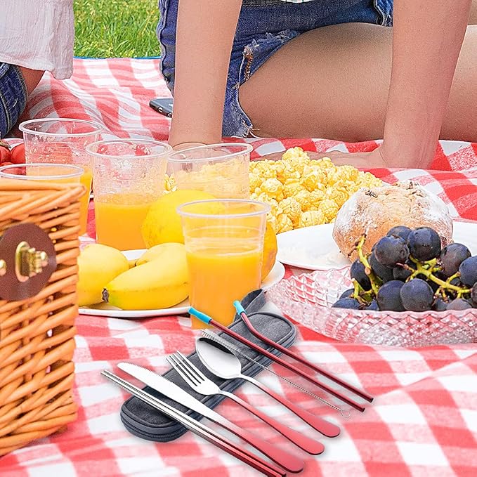 Travel Utensils Set with Case Reusable Portable Cutlery Set Stainless Steel 8pcs Including Dinner Knife Fork Spoon Chopsticks straws (Gradient Red) | Dishwasher Including Dinner Knife Fork Spoon Chopsticks Straws Travel Fork Spoon Knife for Work, Campi...