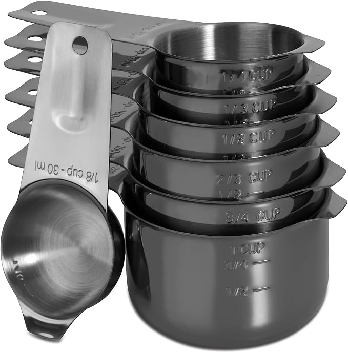 7-Piece 18/8 Stainless Steel Measuring Cups Set, Dark Gray | Includes 1/16, 1/4, 1/3, 1/2, 2/3, 3/4 and 1 Cup, Engraved US and Metric Markings, Pour Spouts and Ring Connector