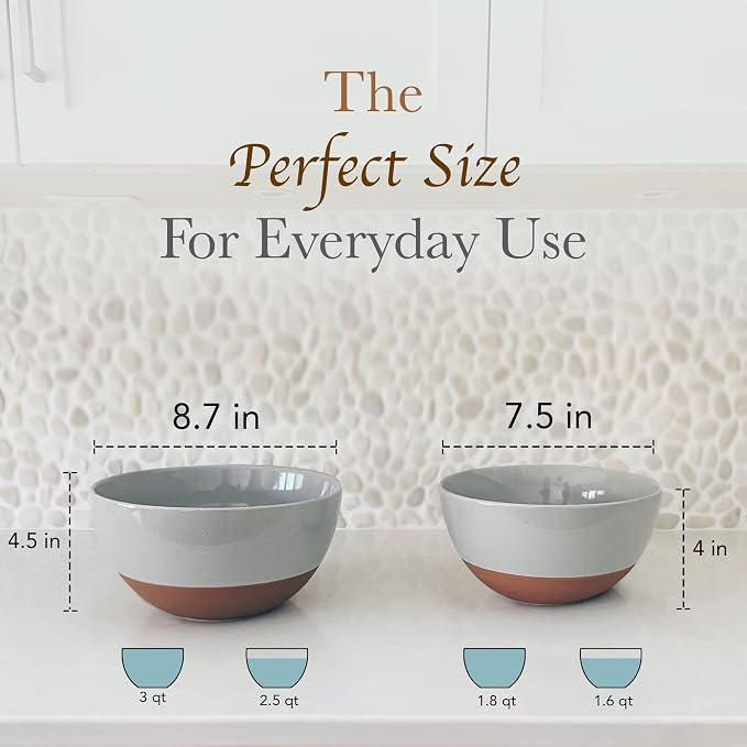 Mora Ceramic Large Mixing Bowls - Set of 2 Nesting Bowls for Cooking, Serving, Popcorn, Salad etc - Microwavable Kitchen Stoneware, Oven, Microwave and Dishwasher Safe - Extra Big 2.5 & 1.6 Qt - Grey
