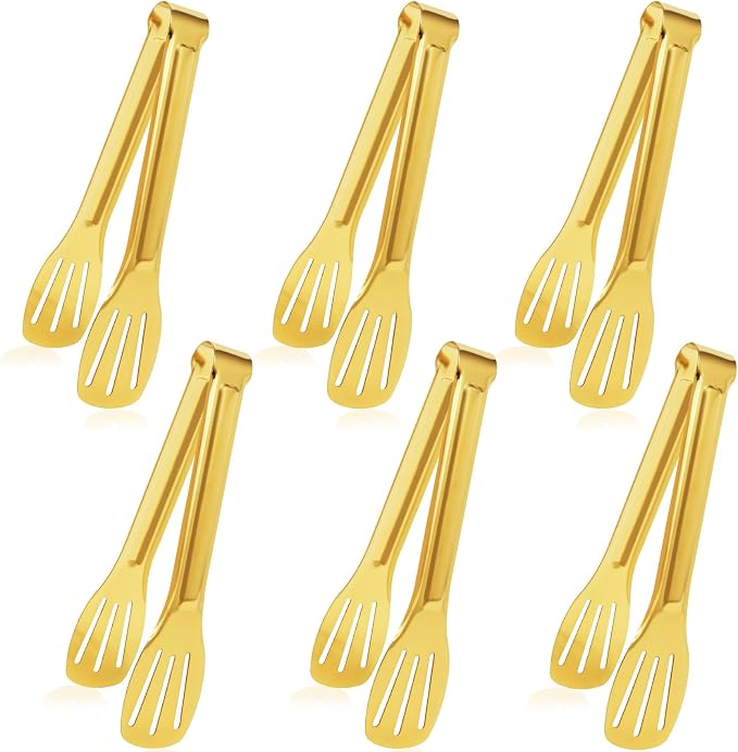 JCREN Serving Tongs 6 Pack Stainless Steel Buffet Tongs Kitchen Tongs, Small Tongs Gold Tongs Serving Utensils for Party Catering, Gold,7 Inch