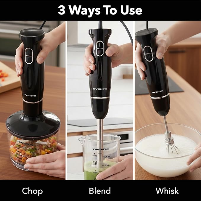 OVENTE Electric Hand Blender Set with 2 Mixing Speeds, 300W Black HS565B | Corded Immersion Handheld Stick Mixer with Stainless Steel Blades, Egg Whisk, Beaker & BPA-Free Food Chopper