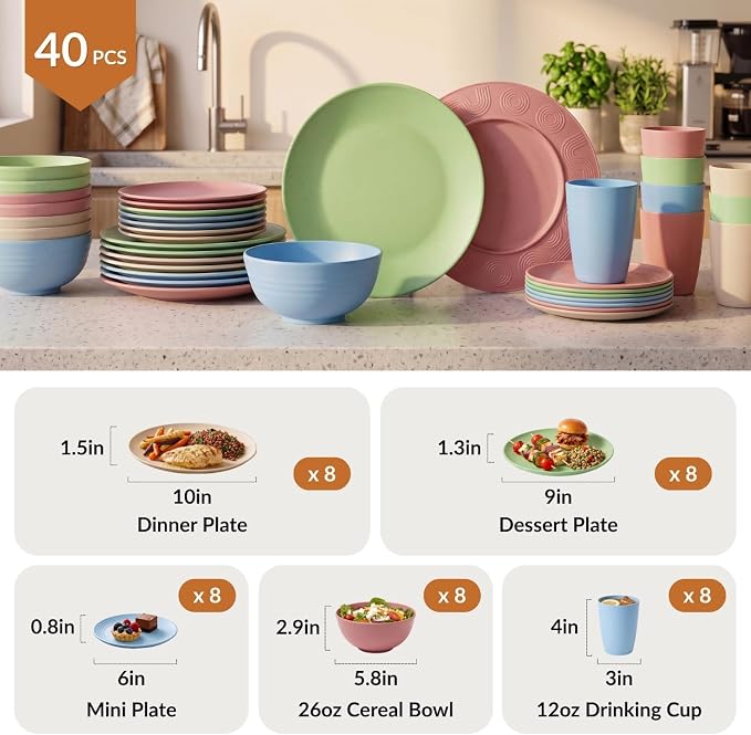 Kitchen Plates and Bowls Set 40 PCS Microwave and Dishwasher Safe Wheat Straw Dinnerware Sets Dish Sets for 8 Kitchen Plate Set for Camping, RV, Party, Apartment, Picnic, Kids-Multilight