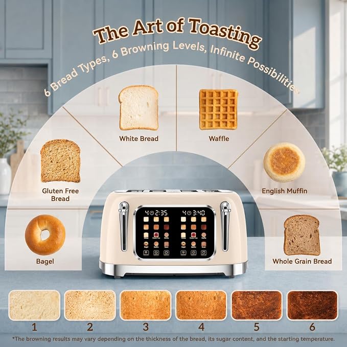 RONGBEST Retro 4 Slice Touch Screen Toaster with Stainless Steel Wide Slot, Reheat & Defrost Bagel for Family Breakfast Bread, 6 Browning Levels, Removable Crumb Tray, Cream Color