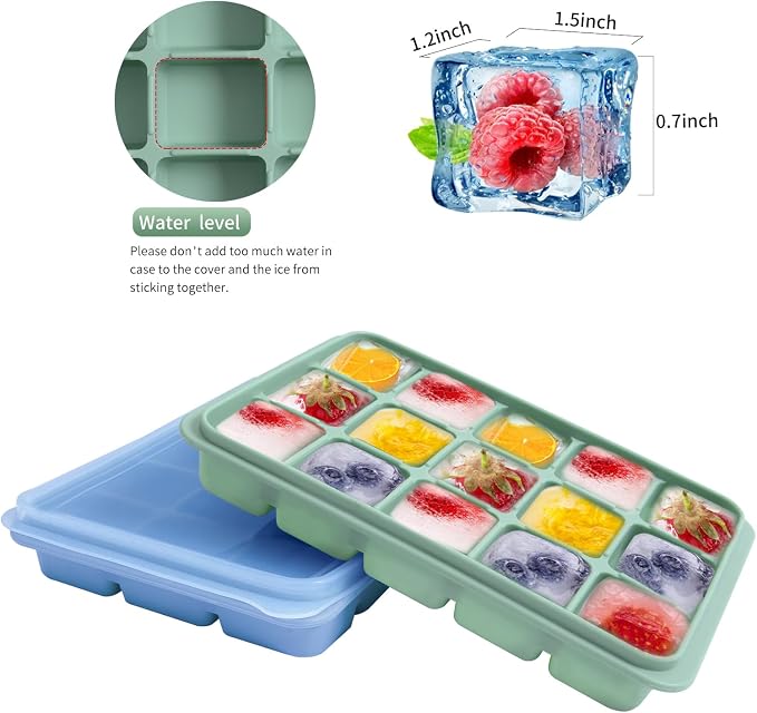 Tvmania Ice Cube Trays Set of 2, 15-Cube Silicone Molds with Removable Lids | Stackable, easy release, BPA-free, reusable, for freezer and whiskey