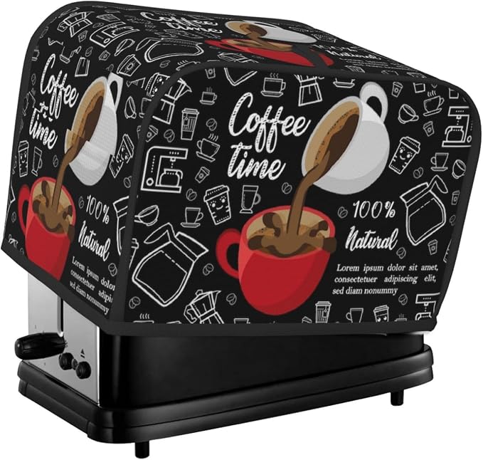Toaster Cover 2 Slice with Coffee Pattern Dustproof Protection TC1000 | Waterproof Fingerprint Wide Slot Reusable for Kitchen Small Appliance