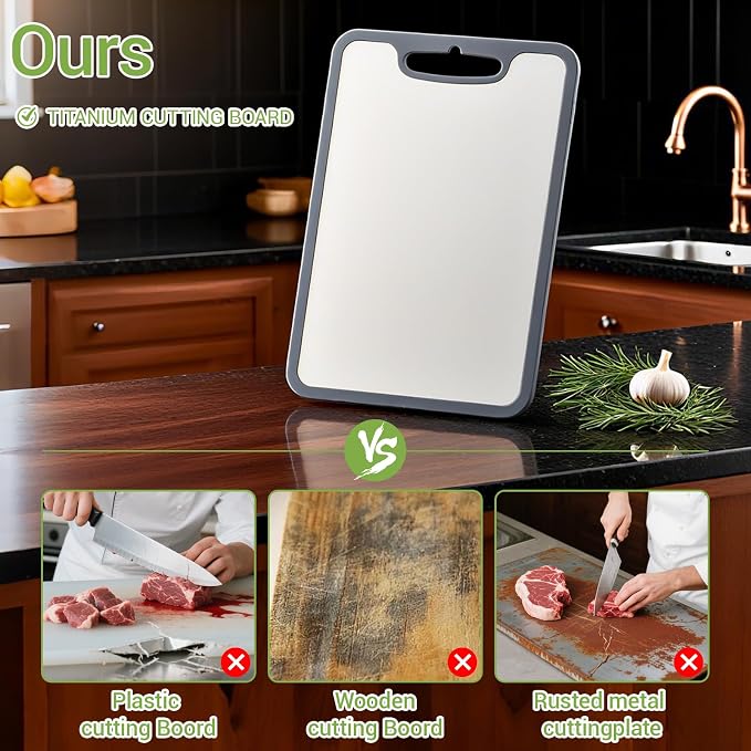 Titanium Cutting Board for Kitchen, 2 Pack, 14.1"x9.7" | 360° Silicone Anti-Slip Edge, Double Sided Food Grade Surface, Non-Toxic, for Raw Meat/Fish/Vegetables/Meal Prep