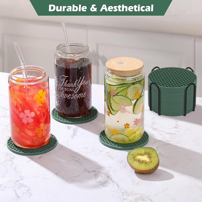 TWTLi Silicone Coasters Set of 12 with Holder — Non-Slip Drink Coasters for Coffee Table, Home Bar & Kitchen, Protects Wood & Marble Surfaces from Water Rings, Dishwasher Safe (12 Pcs, Green)