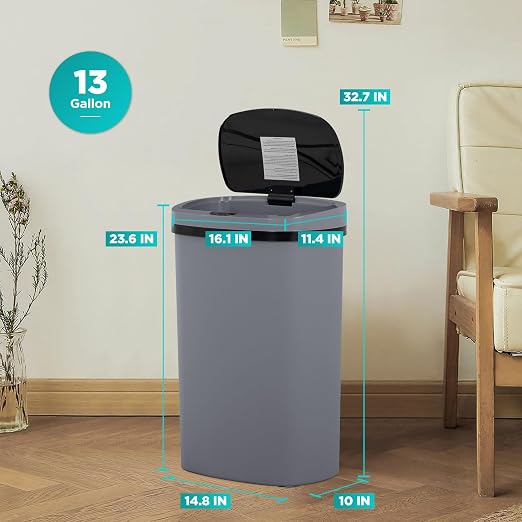 BestOffice | 13 Gallon Plastic Trash Can with Lid | Gray | Automatic Touchless Garbage Can | Odor Control | Modern Oval Design | Easy to Clean | For Kitchen, Bathroom, Office or Home