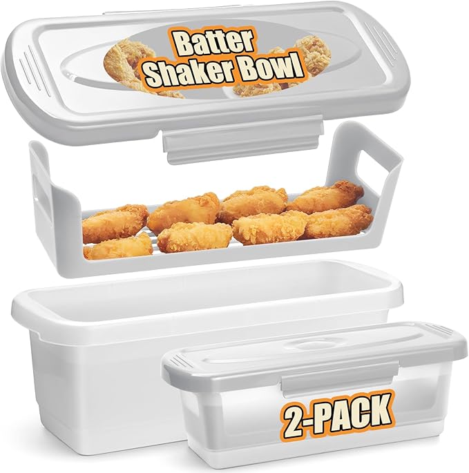 Batter Bowl with Lid, 2-Pack Fish Batter Shaker, Better Breader Shaker Bowl with Breading Shaker Tray, Batter Bowl with Lids Shaker for Frying Chicken Wings Fish Onion Rings Veggies