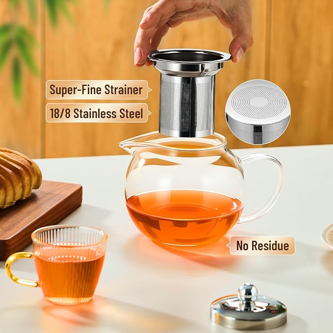 Baalaka Glass Teapot with Infuser, Clear Tea Pot for Stove, 22 oz/650 ml | Tea kettle, tea maker and brewer with removable 18/8 stainless steel infuser for loose leaf or blooming tea, camping, travel