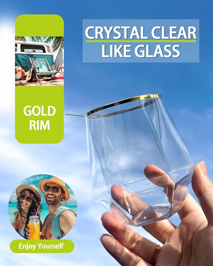 40 Pack Plastic Wine Glasses, 12 Oz Disposable Cocktail Whiskey Glasses | Gold Rimmed Diamond Stemless Champagne Margarita Glasses, Clear Unbreakable Reusable Plastic Cups for Party Wedding Birthday