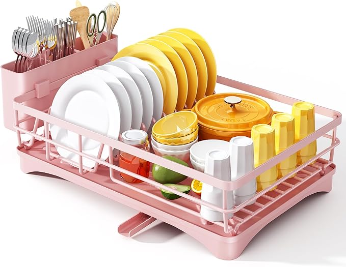 SNTD Dish Drying Rack for Kitchen Counter, 11.8" W x 16.7" L, Pink | Rustproof Stainless Steel, Large Capacity, Self-Draining Drainboard, Rotating Spout, Removable Utensil Holder