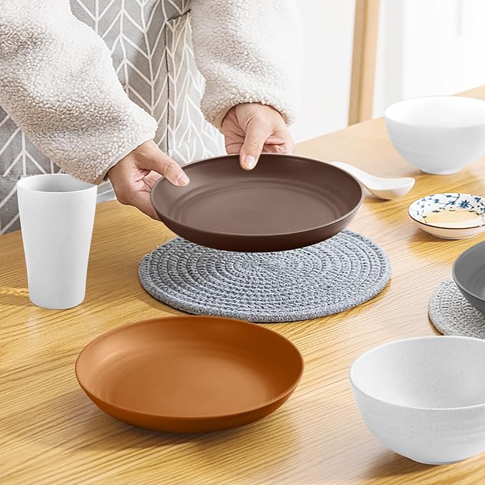Teivio 32-Piece Plates and Bowls Sets for 8, Farmhouse Dinnerware Sets | 13.5oz Cups, Plastic Wheat Straw Unbreakable Dish Set, Dishwasher, for Outdoor Camping RV Kitchen Essentials Dinner Plate set